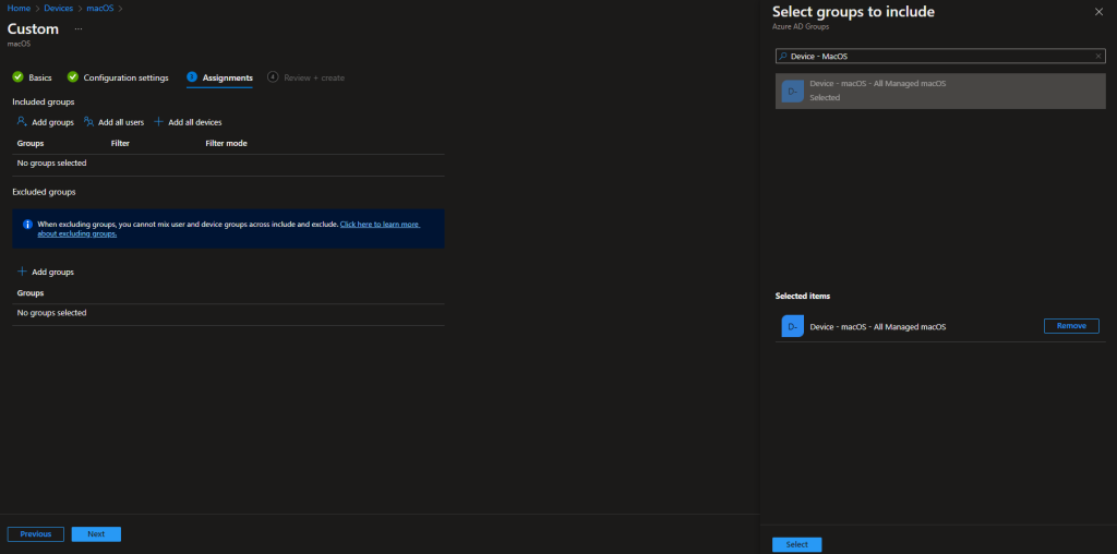 Select deployment group for configuration profile